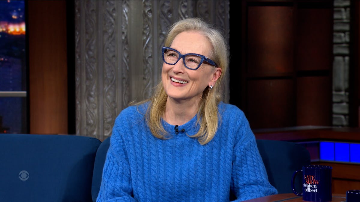 Meryl Streep Hides a Cerulean Sweater Under Her Leopard Top Coat